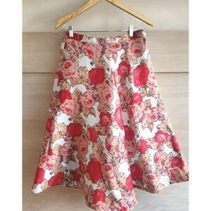 Rachel Antonoff Skirt Womens  10 Red Cream Floral Jacquard Rose ALine Mi…